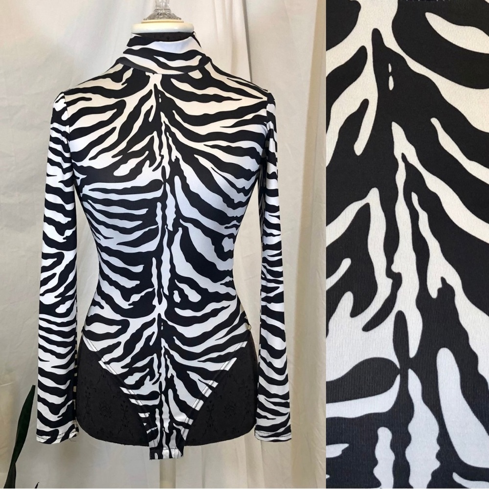 Zebra Print Spandex Ultra Fitted Long Sleeve Mockneck Bodysuit
